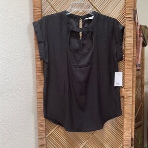 SO Black Cap Sleeve Blouse with Mandarin Collar